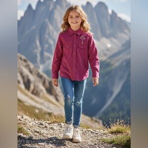 Cowgirl Hardware Fuchsia Button-Front Corduroy Shirt Silver Studded Cross Medium